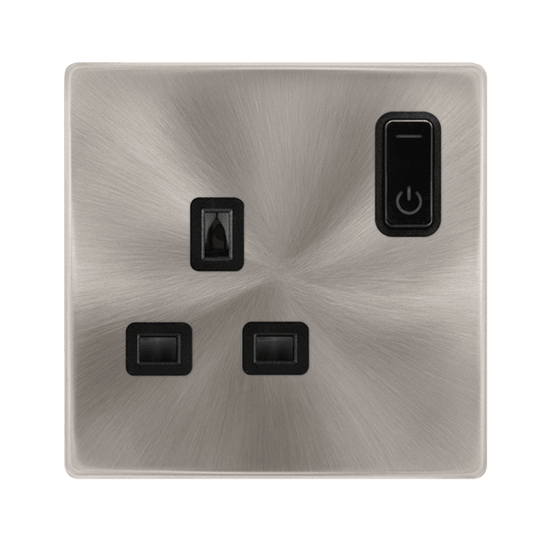 Click Smart+ Definity 13A Single Gang RF Smart Socket in Brushed Steel & Black - Prisma Lighting