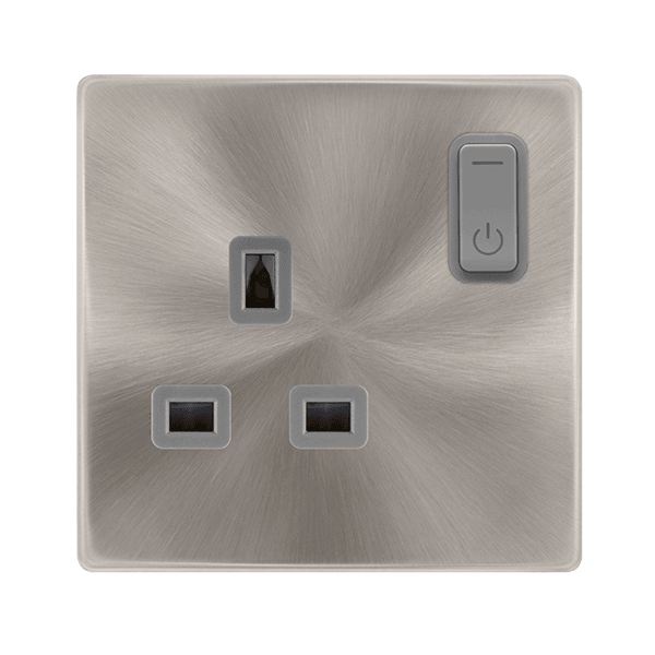 Click Smart+ Definity 13A Single Gang RF Smart Socket in Brushed Steel & Grey - Prisma Lighting