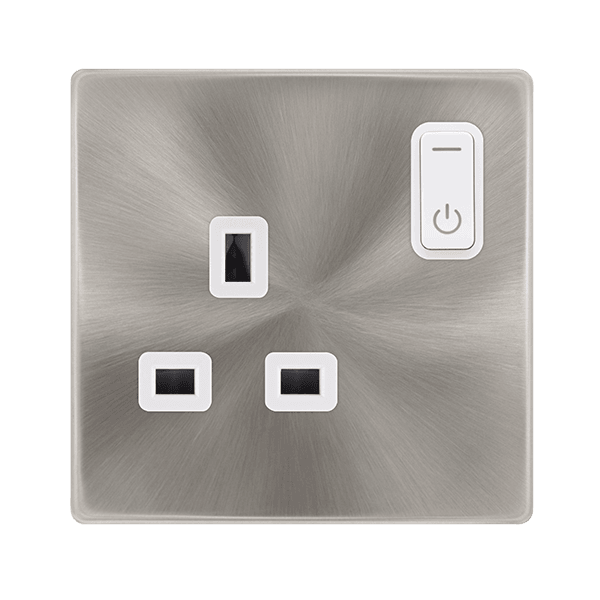 Click Smart+ Definity 13A Single Gang RF Smart Socket in Brushed Steel & Pearl White - Prisma Lighting