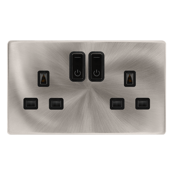 Click Smart+ Definity 13A Double Gang RF Smart Socket in Brushed Steel & Black - Prisma Lighting