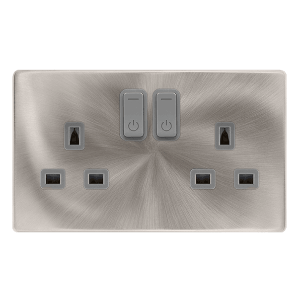 Click Smart+ Definity 13A Double Gang RF Smart Socket in Brushed Steel & Grey - Prisma Lighting
