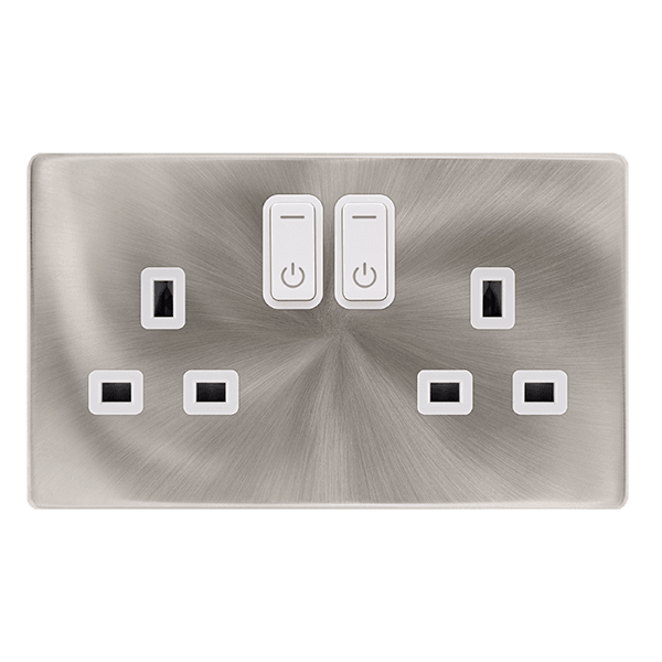 Click Smart+ Definity 13A Double Gang RF Smart Socket in Brushed Steel & Pearl White - Prisma Lighting