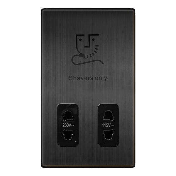 Definity 115/230V Dual Voltage Shaver Socket - Matt Bronze Cover Plate - Black Insert SFBZ100BK | Prisma Lighting