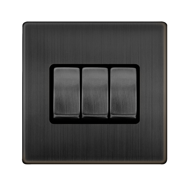 Definity 10Ax Ingot 3 Gang 2 Way Switch - Matt Bronze Cover Plate - Black Insert SFBZ413BK | Prisma Lighting