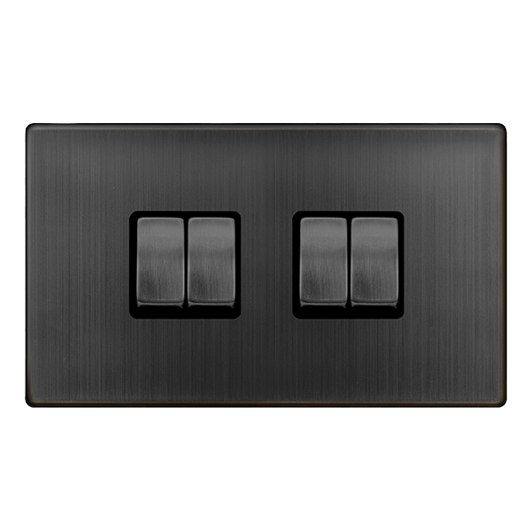 Definity 10Ax Ingot 4 Gang 2 Way Switch - Matt Bronze Cover Plate - Black Insert SFBZ414BK | Prisma Lighting