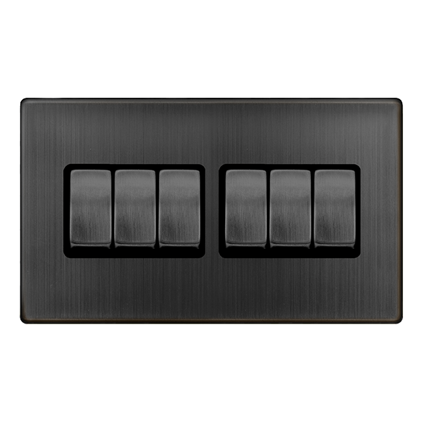 Definity 10Ax Ingot 6 Gang 2 Way Switch - Matt Bronze Cover Plate - Black Insert SFBZ416BK | Prisma Lighting
