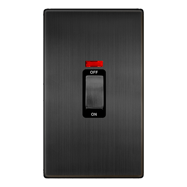 Definity 50A Ingot 2 Gang Double Pole Switch With Neon - Matt Bronze Cover Plate - Black Insert SFBZ503BK | Prisma Lighting
