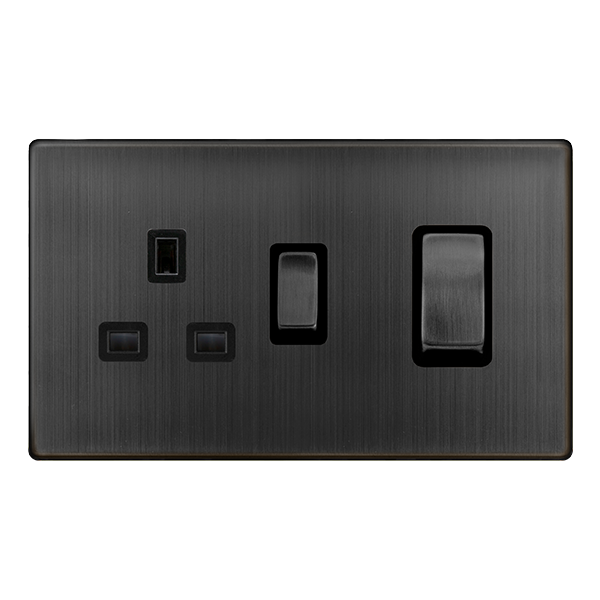 Definity 50A Ingot Double Pole Switch With 13A Double Pole Switched Socket - Matt Bronze Cover Plate - Black Insert SFBZ504BK | Prisma Lighting