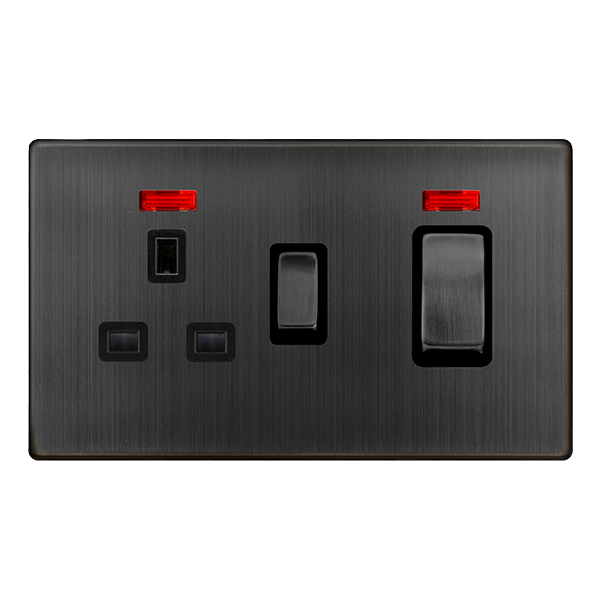 Definity 50A Ingot Double Pole Switch With 13A Double Pole Switched Socket & Neon - Matt Bronze Cover Plate - Black Insert SFBZ505BK | Prisma Lighting