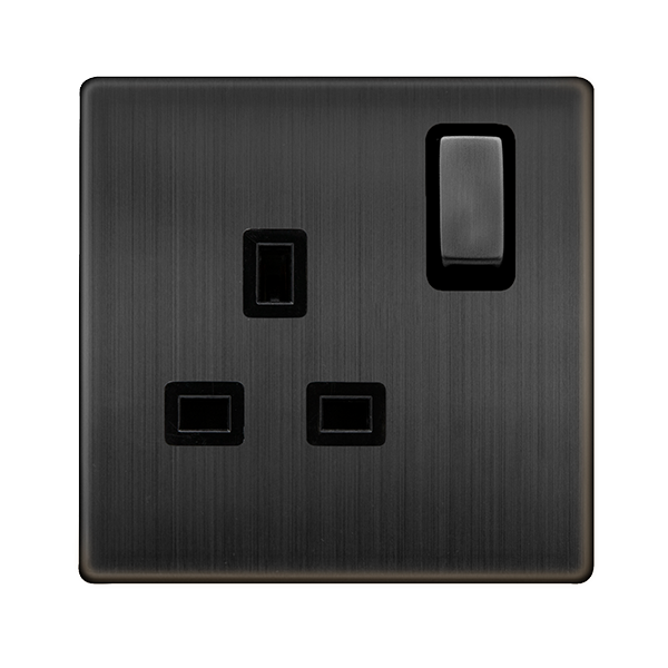 Definity 13A Ingot 1 Gang Dp Switched Socket - Matt Bronze Cover Plate - Black Insert SFBZ535BK | Prisma Lighting