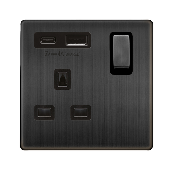 Definity 13A Ingot 1 Gang Switched Safety Shutter Socket With Type A & C Usb - Matt Bronze Cover Plate - Black Insert SFBZ585BK | Prisma Lighting