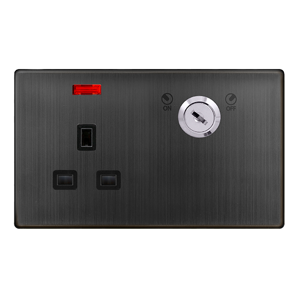 Definity 13A 1 Gang Double Pole Key Lockable Socket With Neon - Matt Bronze Cover Plate - Black Insert SFBZ655BK | Prisma Lighting