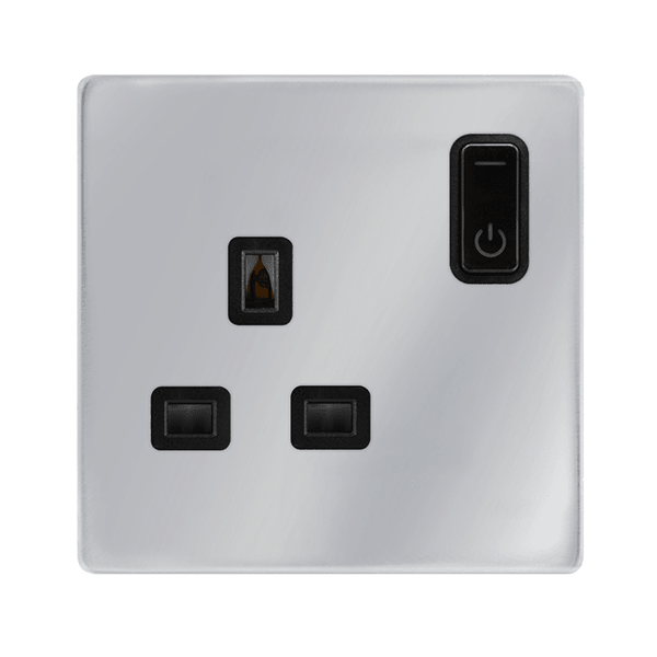 Click Smart+ Definity 13A Single Gang RF Smart Socket in Chrome & Black - Prisma Lighting