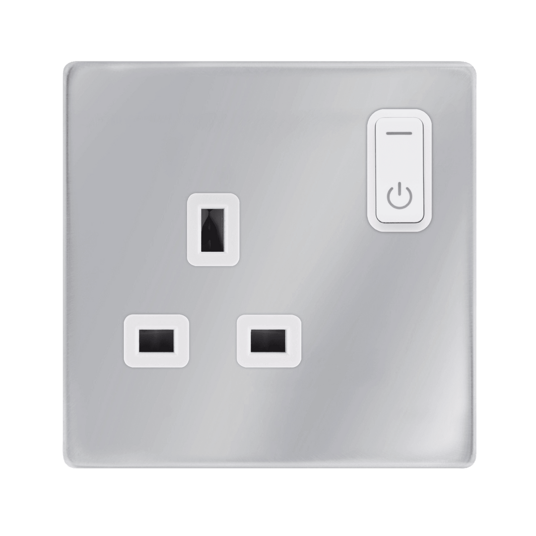 Click Smart+ Definity 13A Single Gang RF Smart Socket in Chrome & Pearl White - Prisma Lighting
