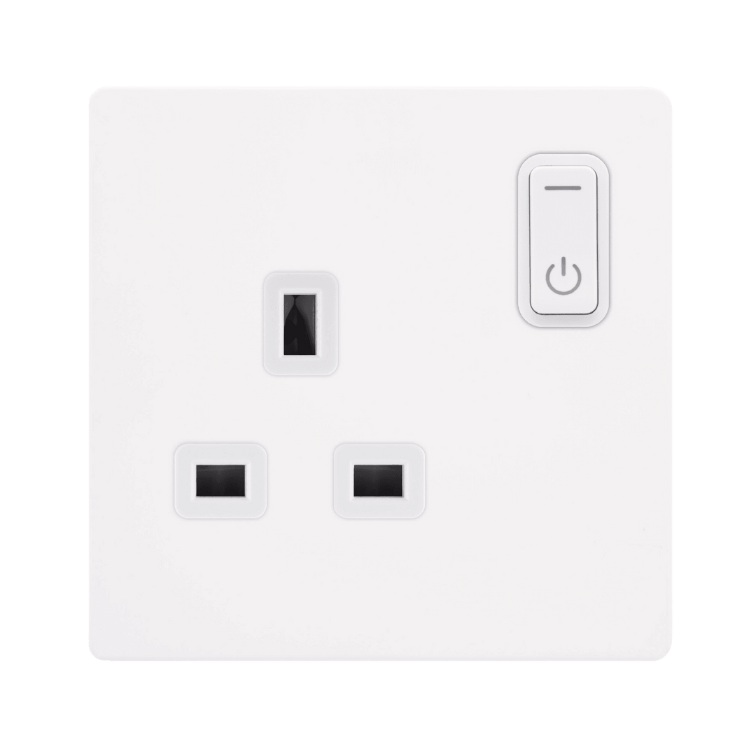 Click Smart+ Definity 13A Single Gang RF Smart Socket in Matt White & Pearl White - Prisma Lighting