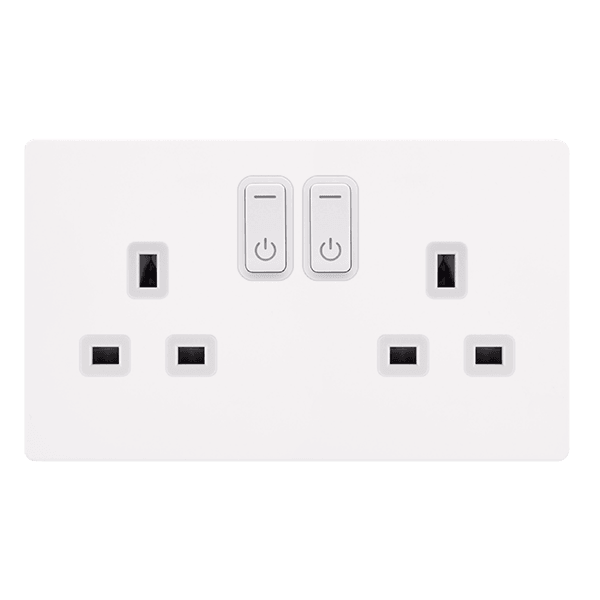 Click Smart+ Definity 13A Double Gang RF Smart Socket in Matt White & Pearl White - Prisma Lighting