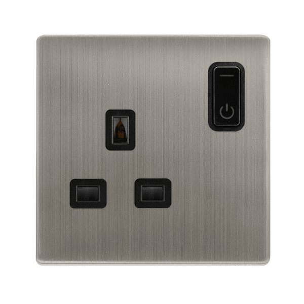 Click Smart+ Definity 13A Single Gang RF Smart Socket in Stainless Steel & Black - Prisma Lighting