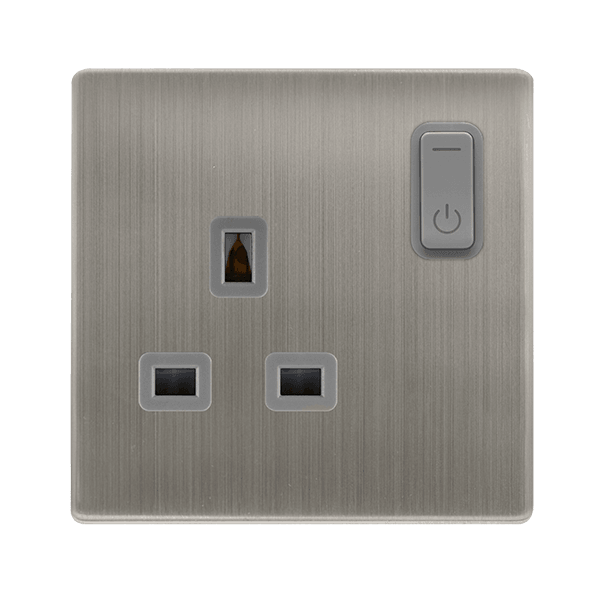 Click Smart+ Definity 13A Single Gang RF Smart Socket in Stainless Steel & Grey - Prisma Lighting