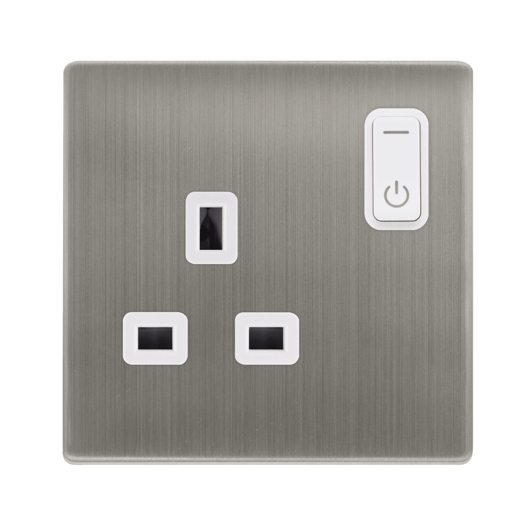 Click Smart+ Definity 13A Single Gang RF Smart Socket in Stainless Steel & Pearl White - Prisma Lighting