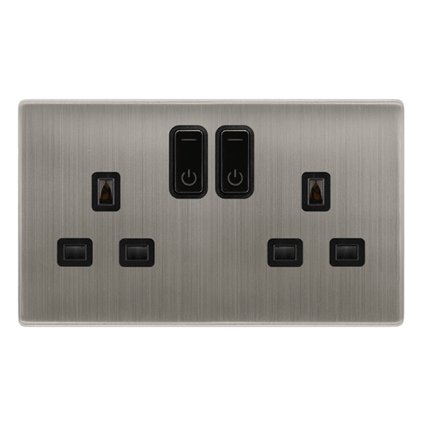 Click Smart+ Definity 13A Double Gang RF Smart Socket in Stainless Steel & Black - Prisma Lighting