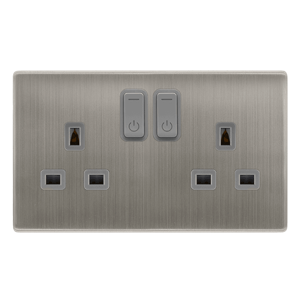 Click Smart+ Definity 13A Double Gang RF Smart Socket in Stainless Steel & Grey - Prisma Lighting