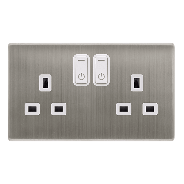 Click Smart+ Definity 13A Double Gang RF Smart Socket in Stainless Steel & Pearl White - Prisma Lighting