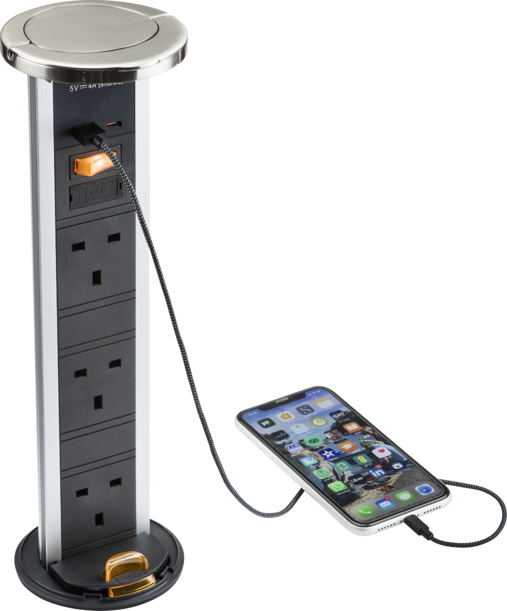 IP54 3G pop-up socket with dual USB charger A+C (FASTCHARGE) - Brushed chrome Cap - Prisma Lighting