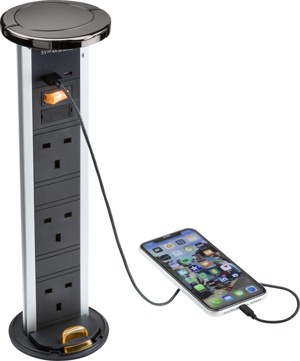 IP54 3G pop-up socket with dual USB charger A+C (FASTCHARGE) - Black nickel Cap - Prisma Lighting
