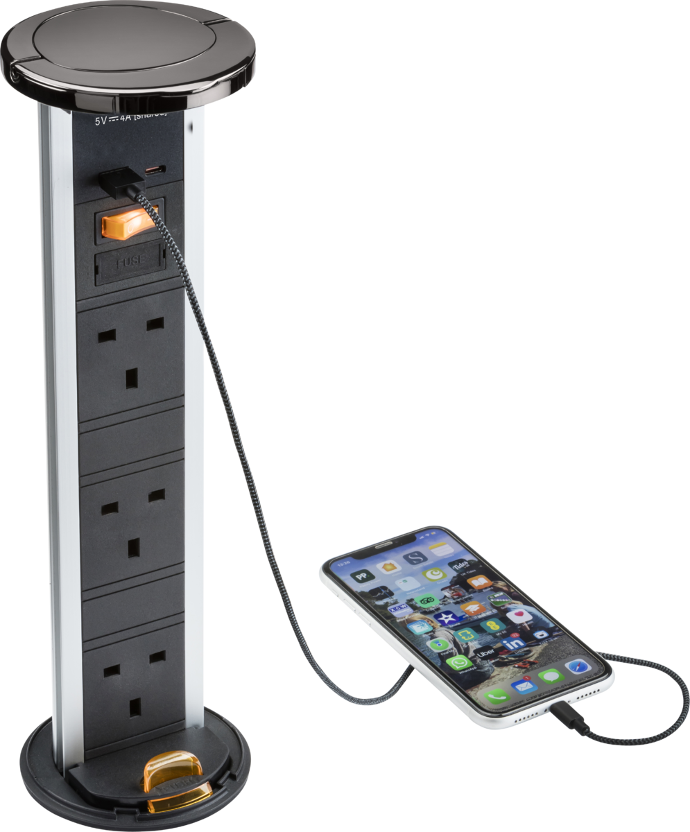 Knightsbridge IP54 3G pop-up socket with dual USB charger  A+C (FASTCHARGE) - Black nickel Cap