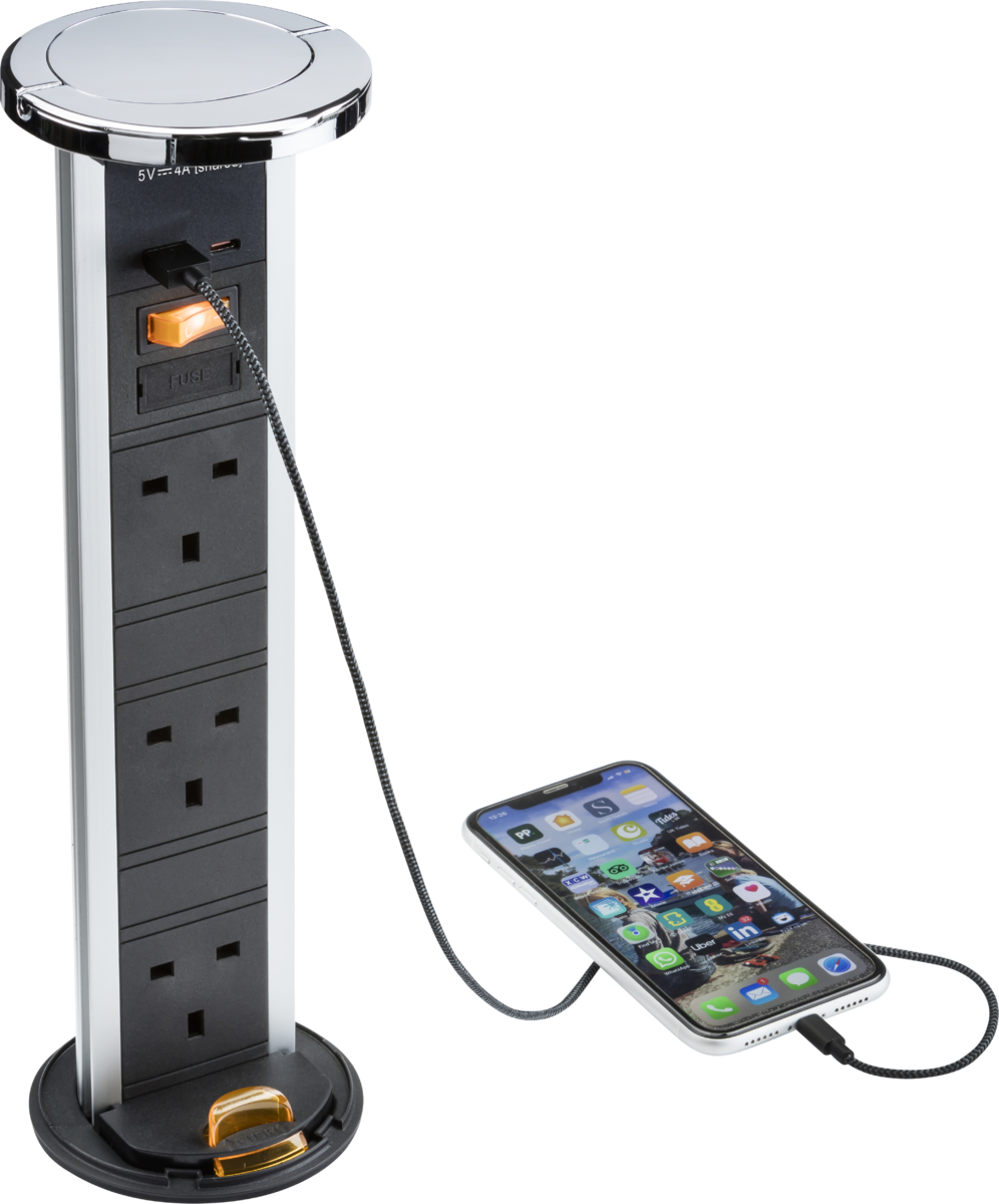 IP54 3G pop-up socket with dual USB charger A+C (FASTCHARGE) - Polished chrome Cap - Prisma Lighting
