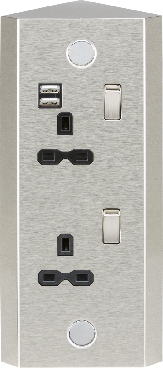 13A 2G Vertical Switched Socket with Dual USB Charger (2.4A) - Stainless Steel with black insert - Prisma Lighting
