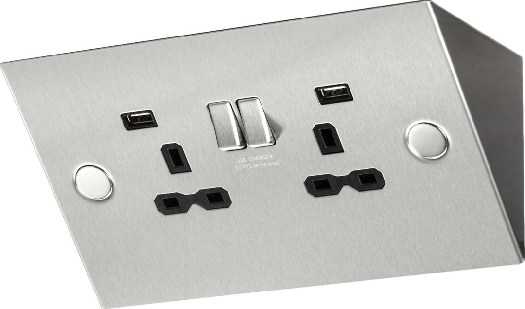13A 2G Mounting Switched Socket with Dual USB Charger (2.4A) - Stainless Steel with black insert - Prisma Lighting