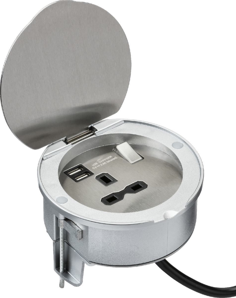 13A 1G Recess Switched Socket with Dual USB Charger (2.4A) - Stainless Steel with black insert - Prisma Lighting