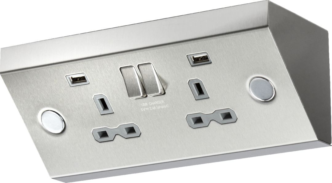 Knightsbridge 13A 2G Mounting Switched Socket with Dual USB Charger (2.4A) - Stainless Steel with grey insert