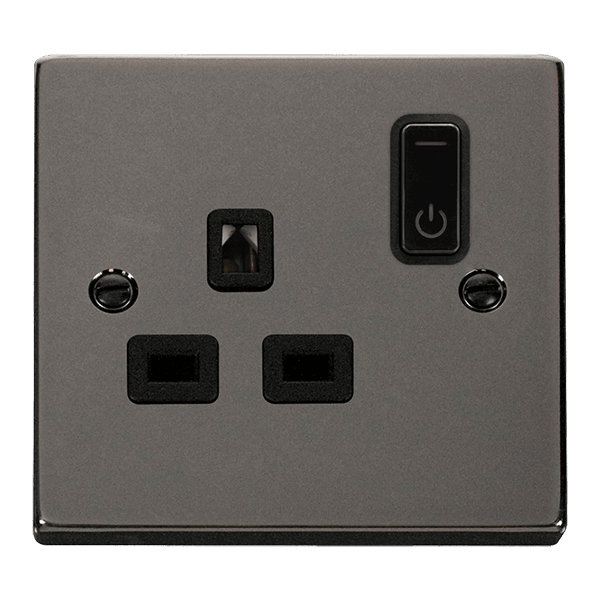 Click Smart+ Ingot 13A Single Gang RF Smart Socket Deco in Brushed Nickel & Black - Prisma Lighting