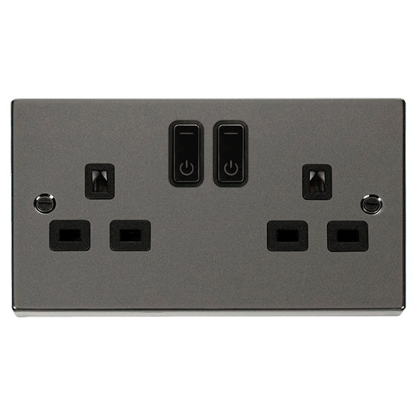 Click Smart+ Ingot 13A Double Gang RF Smart Socket Deco in Brushed Nickel & Black - Prisma Lighting
