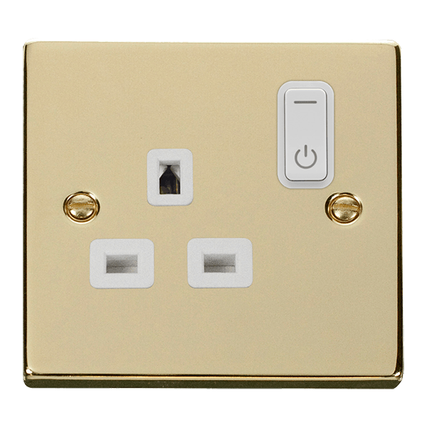 Click Smart+ Ingot 13A Single Gang RF Smart Socket Deco in Brushed Brass & White - Prisma Lighting