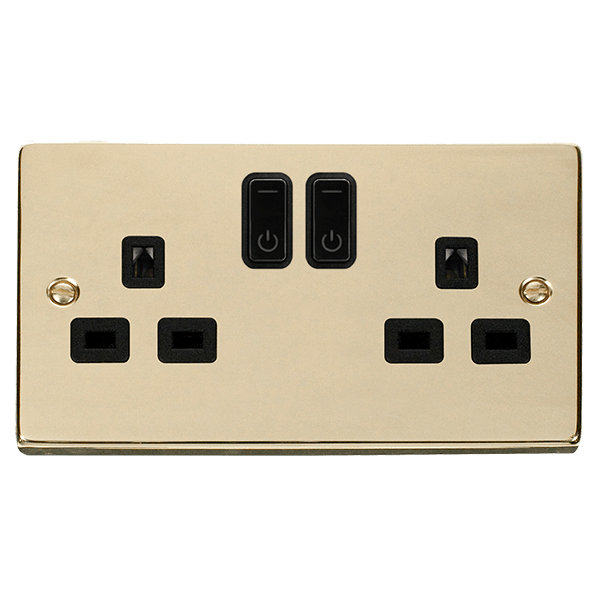 Click Smart+ Ingot 13A Double Gang RF Smart Socket Deco in Brushed Brass & Black - Prisma Lighting