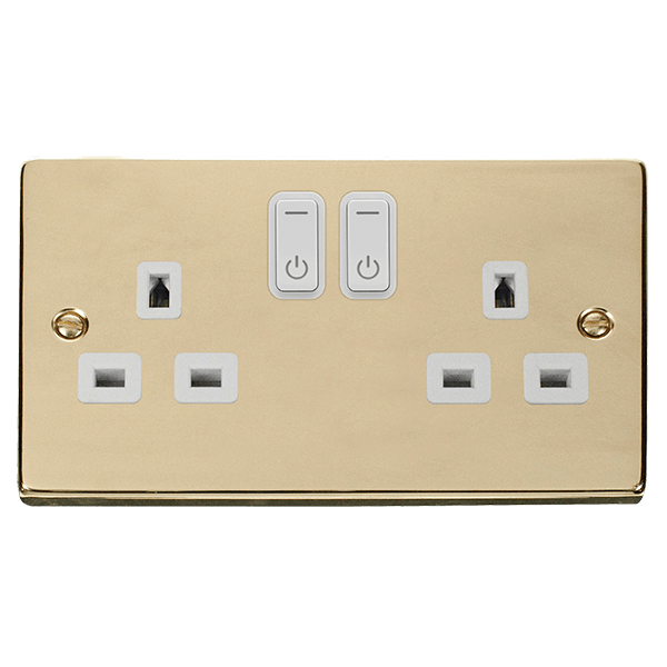 Click Smart+ Ingot 13A Double Gang RF Smart Socket Deco in Brushed Brass & White - Prisma Lighting
