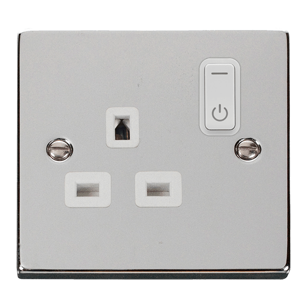 Click Smart+ Ingot 13A Single Gang RF Smart Socket Deco in Chrome & White - Prisma Lighting