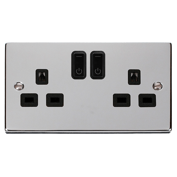 Click Smart+ Ingot 13A Double Gang RF Smart Socket Deco in Chrome & Black - Prisma Lighting