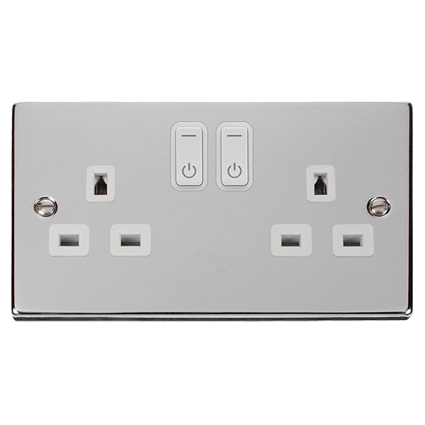 Click Smart+ Ingot 13A Double Gang RF Smart Socket Deco in Chrome & White - Prisma Lighting