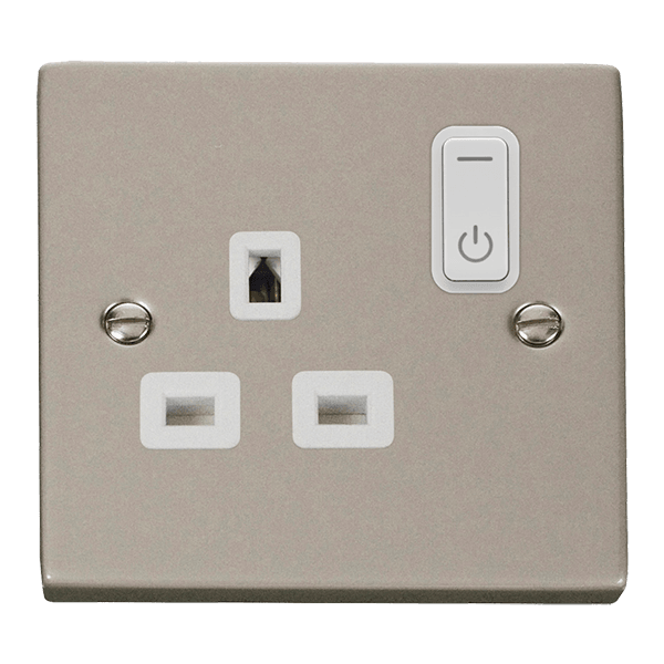 Click Smart+ Ingot 13A Single Gang RF Smart Socket Deco in Polished Nickel & White - Prisma Lighting