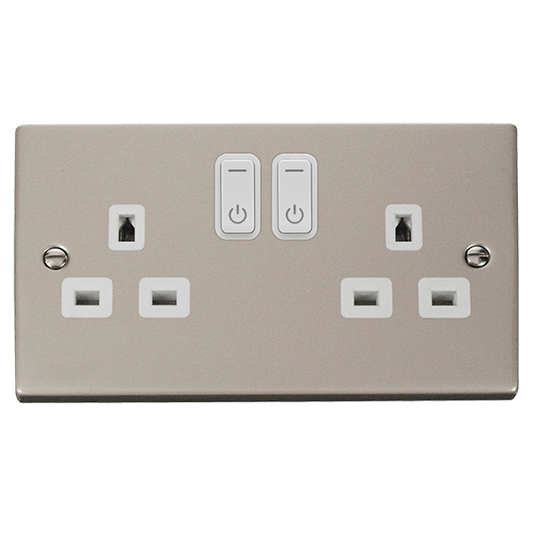 Click Smart+ Ingot 13A Double Gang RF Smart Socket Deco in Polished Nickel & White - Prisma Lighting