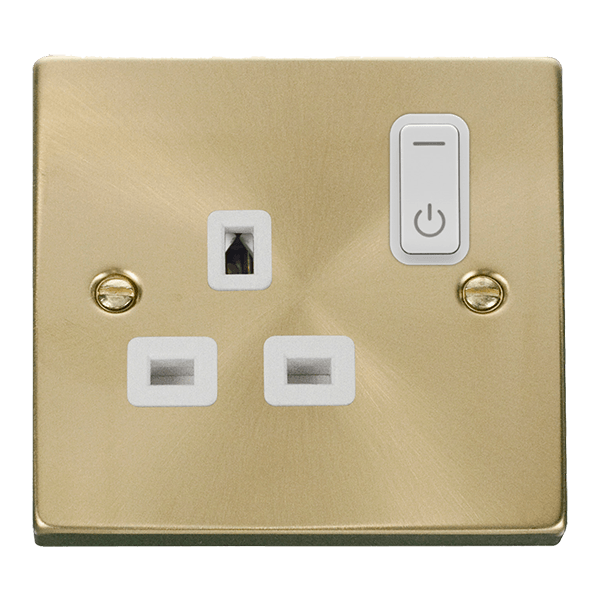 Click Smart+ Ingot 13A Single Gang RF Smart Socket Deco in Satin Brass & White - Prisma Lighting