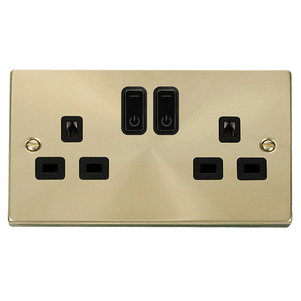 Click Smart+ Ingot 13A Double Gang RF Smart Socket Deco in Satin Brass & Black - Prisma Lighting