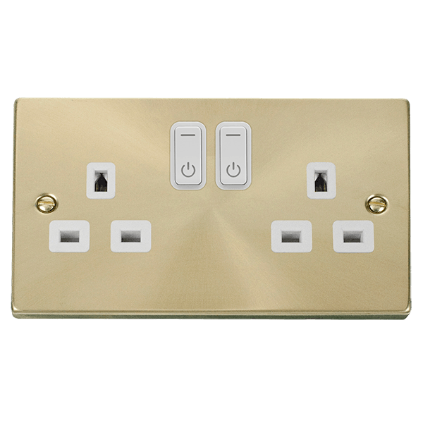 Click Smart+ Ingot 13A Double Gang RF Smart Socket Deco in Satin Brass & White - Prisma Lighting