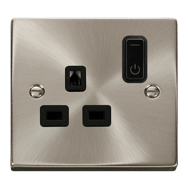 Click Smart+ Ingot 13A Single Gang RF Smart Socket Deco in Satin Chrome & Black - Prisma Lighting
