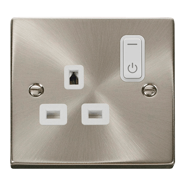 Click Smart+ Ingot 13A Single Gang RF Smart Socket Deco in Satin Chrome & White - Prisma Lighting