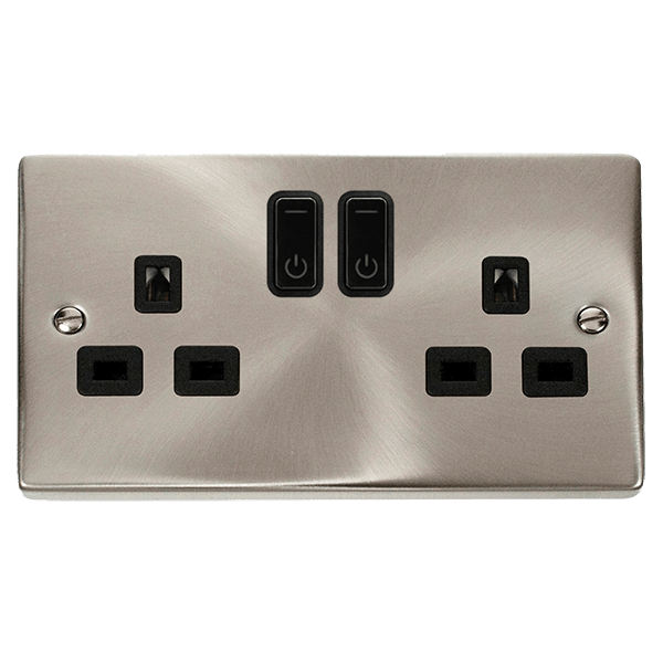 Click Smart+ Ingot 13A Double Gang RF Smart Socket Deco in Satin Chrome & Black - Prisma Lighting